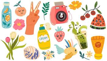 zomer stickers reeks voor dagelijks planner. fruit, bloemen, zomer voorwerpen, camera, schelpen, vis. verzameling van scrapbooking elementen voor strand feest. tropisch vakantie. vector