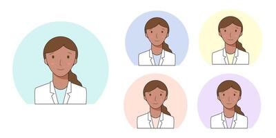 verzameling van portretten van Dames met licht en donker huid voor profiel avatars. portret van een vrouw scheikundige, onderzoeker, laboratorium assistent, dokter. vector