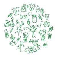 reeks van ecologie. elementen in cirkel. hand getekend tekening vector illustratie. ecologie probleem, recycling en groen energie pictogrammen. milieu symbolen.