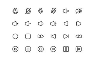 reeks van media speler pictogrammen in lijn stijl en microfoon icoon set. vector