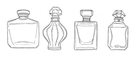 een reeks van vier elegant lijntekening parfum flessen, variërend in ontwerp van klassiek naar modern, ideaal voor schoonheid en mode thema's. vector