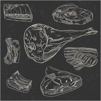 vlees schets icoon reeks vector illustratie. hand- getrokken varkensvlees steaks met of zonder bot, jamón, prosciutto en ribben in wit lijnen vlees verzameling Aan zwart met grunge textuur.