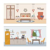 appartement binnen. reeks met interieur, keuken en slaapkamer. gemeubileerd kamers. vlak vector illustratie van kamers met meubilair.