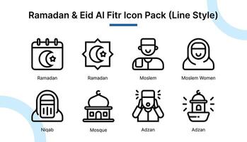 Ramadan en eid al fitr icoon reeks in lijn stijl geschikt voor web en app pictogrammen, presentaties, affiches, enz. vector