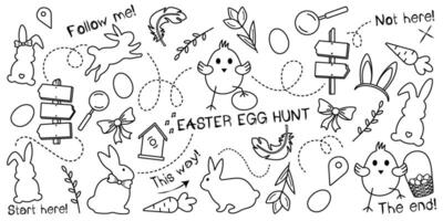 tekening reeks voor Pasen ei jacht zonder achtergrond, kinderen stijl. Pasen zoektocht kaart met schattig konijn, kuiken, eieren en tulpen. tekenfilm vector tekening reeks hand getekend van traditioneel Pasen artikelen.