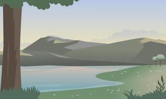 berg en meer landschap met groen weiden en bomen in de ochtend- of middag. vector illustratie.