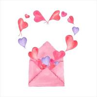 waterverf roze, Purper harten vliegend uit van roze envelop. romantisch illustratie voor opslaan de datum, valentijnsdag dag kaarten vector