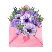 boeket van waterverf roze, blauw anemoon bloemen in roze papier envelop. hand- getrokken illustratie vector