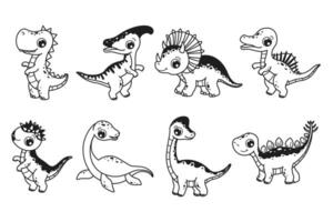 clip art reeks van schattig baby dinosaurussen. triceraptor, t-rex, tyrannosaurus, triceraptor, stegosaurus, pachycephalosaurus, parasaurolophus, spinosaurus. vector illustratie in tekenfilm stijl.