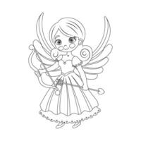 schattig Cupido meisje met boog en pijl, engel meisje, cherubijn prinses. lineair tekening voor kleur boek, schetsen. vector