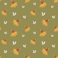 naadloos patroon, klein madeliefjes en verspreide bladeren Aan een groen achtergrond, achtergrond, afdrukken, textiel, behang, vector