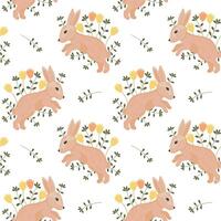 naadloos patroon, schattig Pasen konijntjes en voorjaar bloemen Aan een wit achtergrond. vakantie afdrukken, illustratie, achtergrond, vector