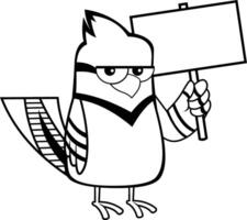 zwart en wit blauw gaai vogel tekenfilm karakter met blanco teken. vector illustratie geïsoleerd Aan wit achtergrond