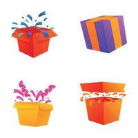 verrassing doos pictogrammen reeks tekenfilm vector. Open geschenk doos met confetti vector