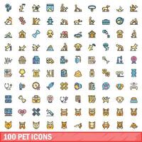 100 huisdier pictogrammen set, kleur lijn stijl vector