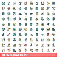 100 medisch pictogrammen set, kleur lijn stijl vector