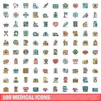 100 medisch pictogrammen set, kleur lijn stijl vector