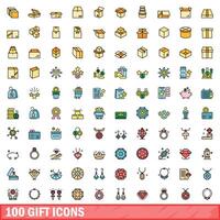 100 geschenk pictogrammen set, kleur lijn stijl vector