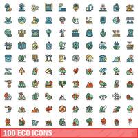 100 eco pictogrammen set, kleur lijn stijl vector