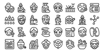 zorg, huid, oud, vrouw pictogrammen reeks schets vector. gezicht masker vector