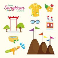 happy songkran festival belettering met set pictogrammen vector