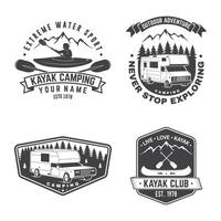 reeks van zomer kamp, kano en kajak club kenteken. vector. concept voor overhemd of logo, afdrukken, stempel, lapje. wijnoogst typografie ontwerp met kajakker, camping tent, Woud, berg silhouet vector