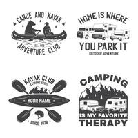 reeks van zomer kamp, kano en kajak club kenteken. vector. concept voor overhemd of logo, afdrukken, stempel, lapje. wijnoogst typografie ontwerp met kajakker, camping tent, Woud, berg silhouet vector