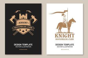 ridder historisch club folder, brochure, banier, poster. vector concept voor shirt, afdrukken, stempel, bedekking of sjabloon. wijnoogst ontwerp met middeleeuws kasteel, ridder Aan een paard en schild silhouet.