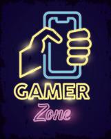 retro videogame neon met hand met smartphone vector