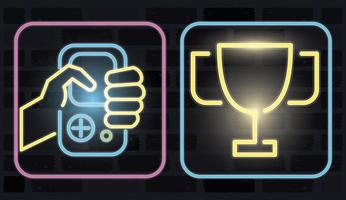 retro videogame neon met trofee en console vector