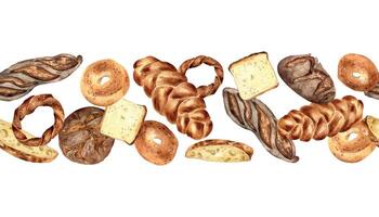 verscheidenheid soorten brood waterverf naadloos grens geïsoleerd Aan wit. hand- getrokken rogge brood, ciabatta voor bakkerij. geschilderd challah, bagel. illustratie van simit, geroosterd brood. ontwerp voor bakkerij, verpakking vector