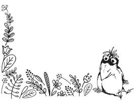 hand- getrokken kader met vector grappig tekenfilm kraai en planten, brunch van bloemen, schetsen van vliegend dier met bladeren, bloemen, knoppen, kruiden, gras, geïnkt, monochroom illustratie Aan wit achtergrond