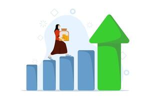 groei voorraad concept, economisch welvaart of groei geeft terug in spaargeld en investering, zelfverzekerd zakenman investeerder Holding rijk roze varkentje bank rennen over- groen pijl voorraad markt bar grafiek. vector