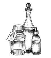 glas flessen en karaf met essentieel olie voor aromatherapie en apotheek. hand- getrokken vector illustraties van wijnoogst flacons geschilderd door zwart inkten. lineair tekening van natuurlijk kunstmatig of geneeskunde