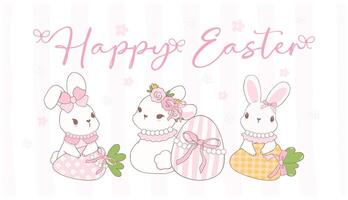 schattig coquette Pasen konijntjes slijtage boog met wortel en Pasen eieren tekenfilm banier, zoet retro gelukkig Pasen voorjaar dier. vector
