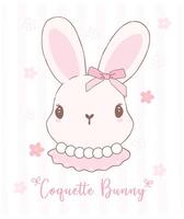 schattig coquette konijn gezicht met boog en wortel tekenfilm, zoet retro gelukkig Pasen voorjaar dier. vector