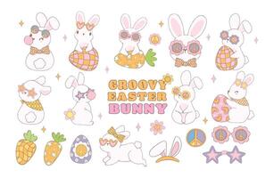 schattig groovy Pasen konijn verzameling, speels tekenfilm tekening dier hand- tekening set. vector