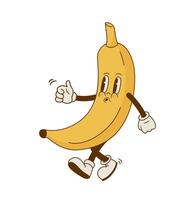 wijnoogst gaan banaan mascotte vector illustratie. gelukkig retro tekenfilm tropisch fruit karakter Aan wit achtergrond. groovy stijl.