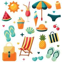 tekenfilm vector zomer reeks met strand elementen. zomertijd gevoel, stickers. fruit, Tassen, kleren en cocktails