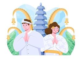 Balinees paar groeten gelukkige galungan kuningan ceremonie dagen cartoon vectorillustratie. kan worden gebruikt voor wenskaart, poster, banner, web, sociale media, print, boekillustratie. vector