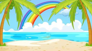strandlandschapsscène met regenboog in de lucht vector
