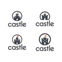 vier variaties van een gestileerde kasteel logo met oranje en grijs elementen vector