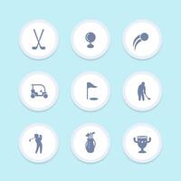 golf pictogrammen, golf Clubs, golf speler, golfspeler, golf zak ronde pictogrammen, vector illustratie