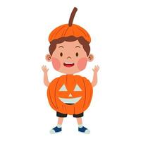 gelukkig kind jongen slijtage oranje pompoen jack O lantaarn kostuum voor halloween partij illustratie vector