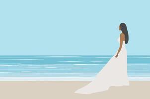 mooi vrouw in wit jurk Aan de strand vector illustratie. zomer vakantie strand concept