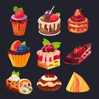 tekenfilm kleur verschillend cakes snoepgoed desserts icoon set. vector