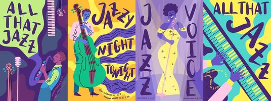 tekenfilm kleur jazz- muziek- festival poster kaart set. vector