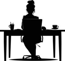 ai gegenereerd silhouet kantoor bureau met laptop en koffie met Dames werken binnen vector