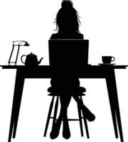 ai gegenereerd silhouet kantoor bureau met laptop en koffie met Dames werken binnen vector