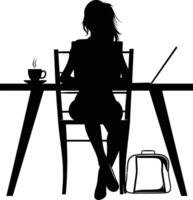 ai gegenereerd silhouet kantoor bureau met laptop en koffie met Dames werken binnen vector